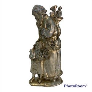 Christmas Decor Saint Nicholas & Child Carring Gifts, Poinsettia Glittery Silver